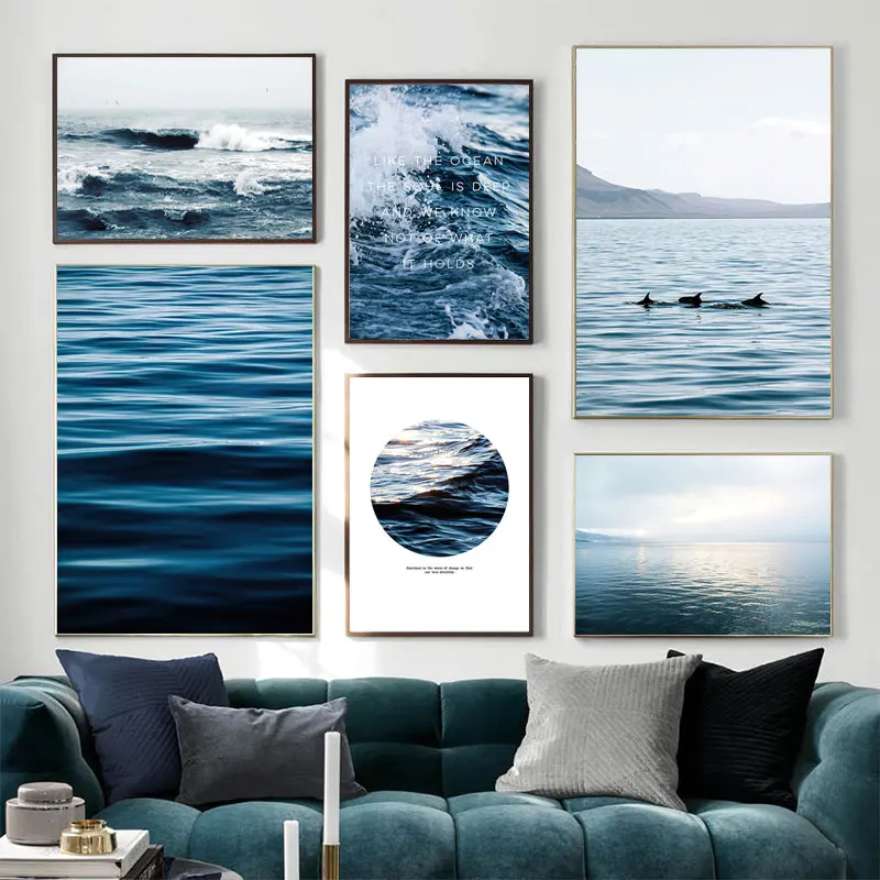 

Modern Seascape Ocean Dolphins Wall Art Canvas Paintings Waves Posters Nordic Pictures Decorations for Home Living Room Decor