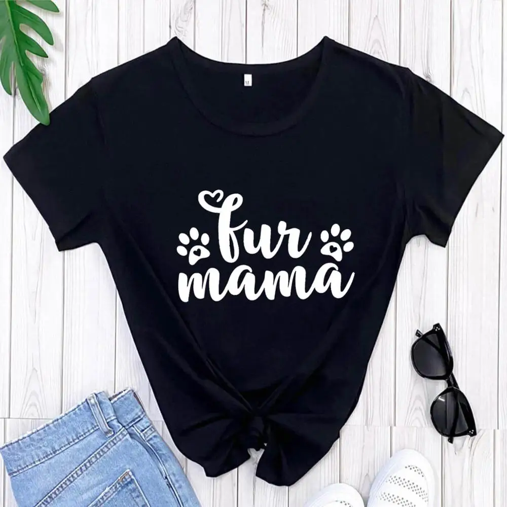 

Fur MaMa Paw Heart Graphic Printed 100%Cotton Summer Women T Shirt Dog Mom Life O-Neck Pullover Short Sleeve Tops Pet Lover Tee