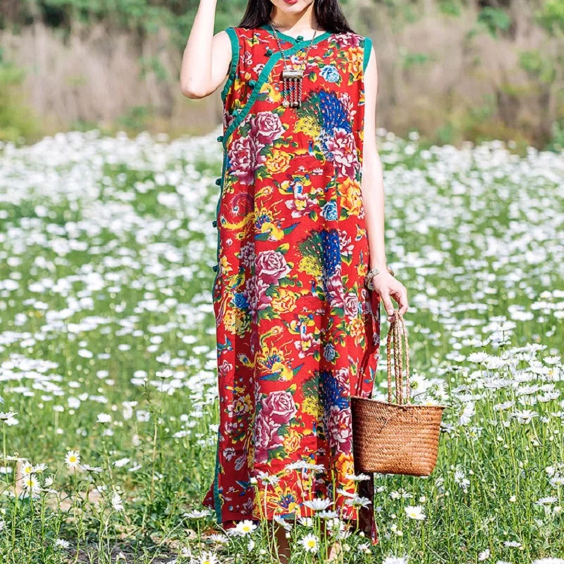 

Summer Dress Cotton Linen Printing Zen Robe Literary Retro Improved Cheongsam Chinese Style Handmade Buckle Long Dress