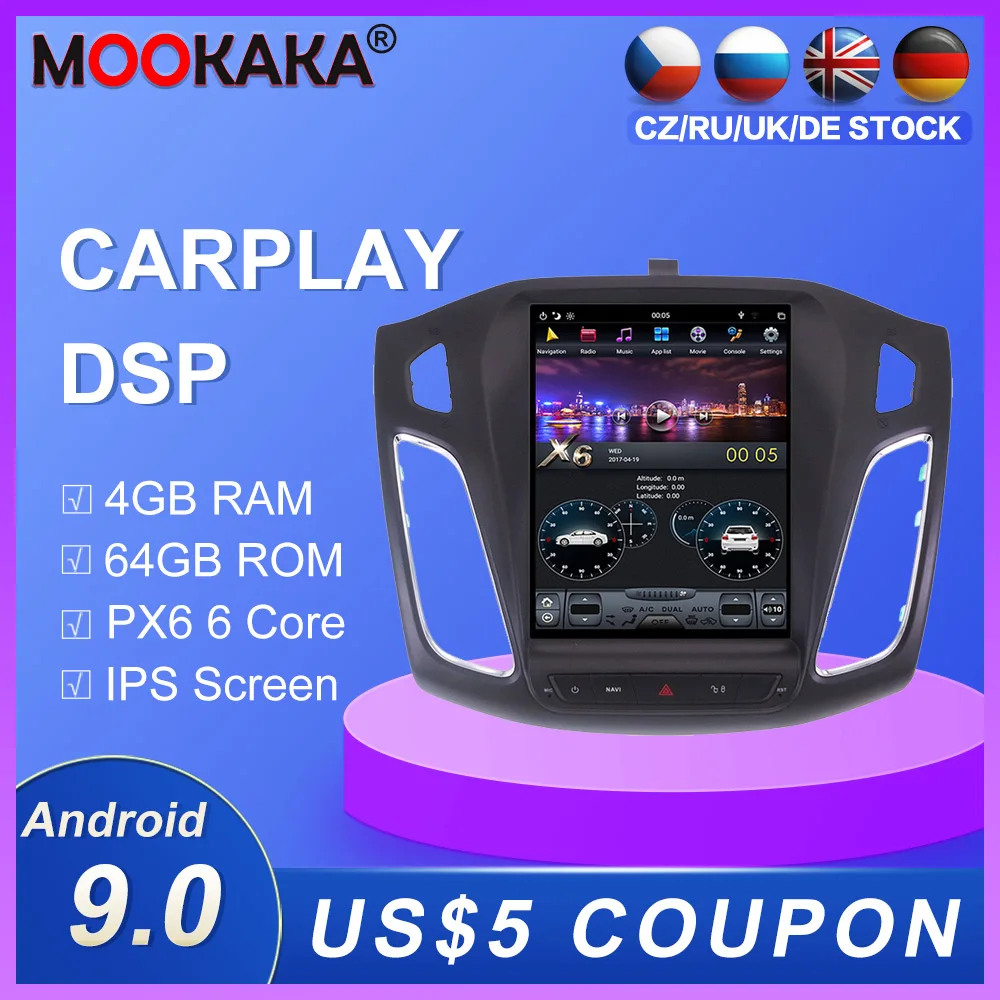 Carplay Dsp Android 9.0 Px6 Vertical Radio Car Multimedia Player Stereo Gps Navigation For Ford Focus 2013-2017 Radio Dsp