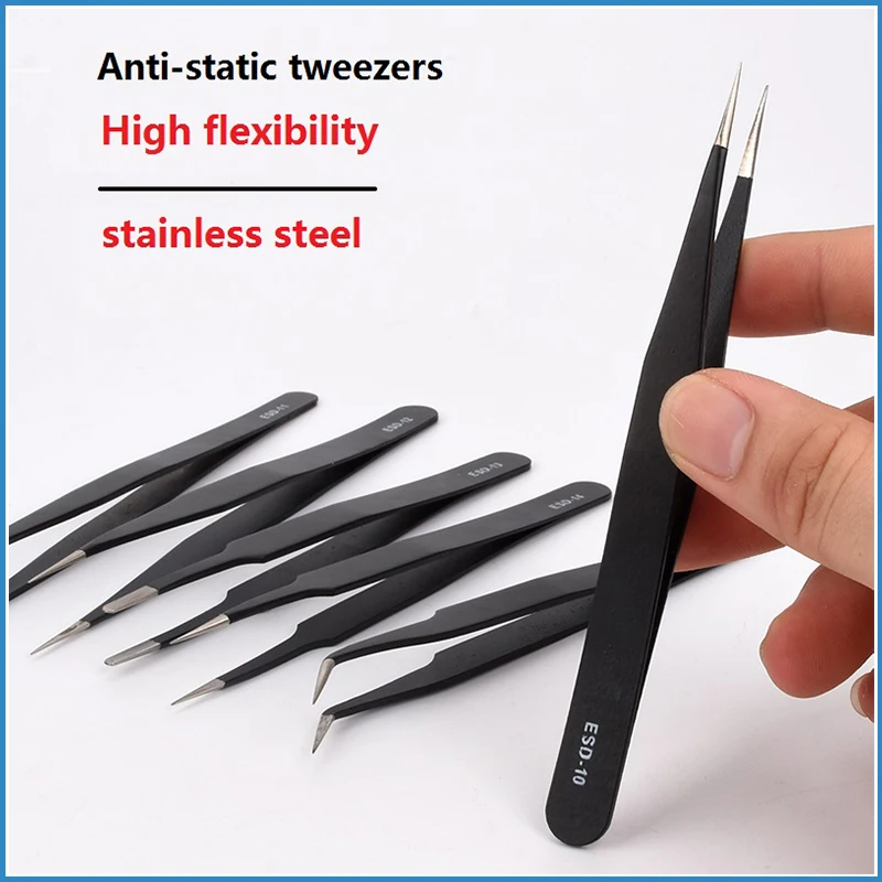 6Pcs ESD Antistatic Tweezers Set Stainless Steel Maintenance Kit Anti Static Hand Repair Tools Tip Curved Straight Tweezer