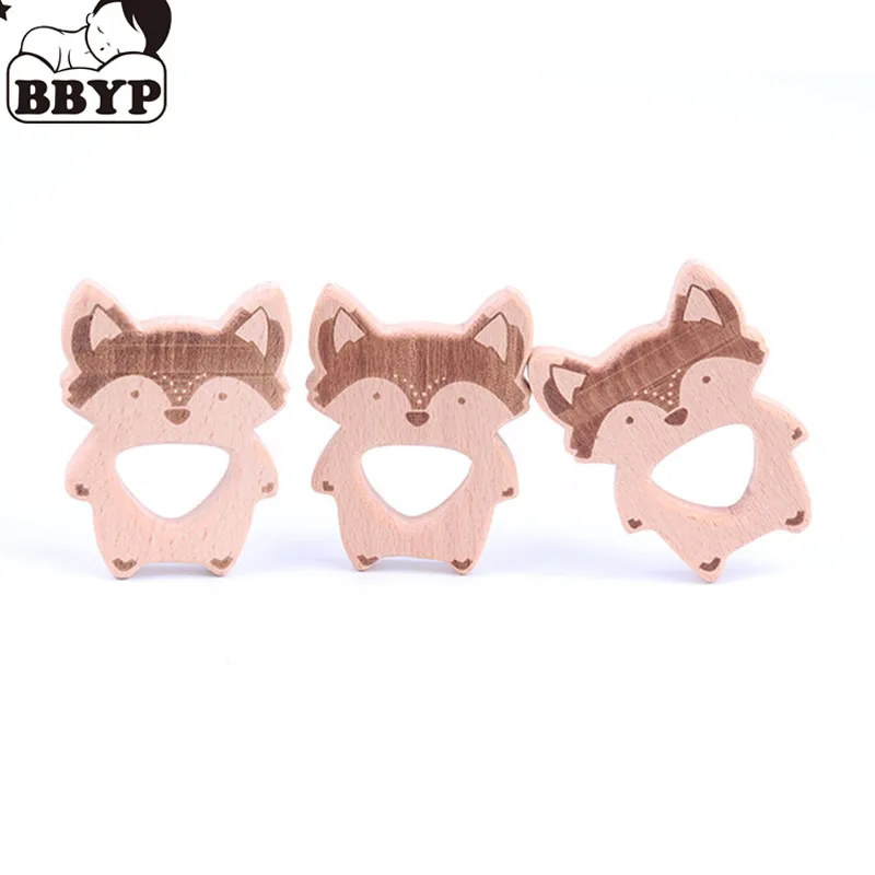 

1-5Pcs Wooden Beech Teether Cute Fox Animal cartoon Beads Teethers BPA Free Food Grade Wood Baby Teething Toys DIY Gift