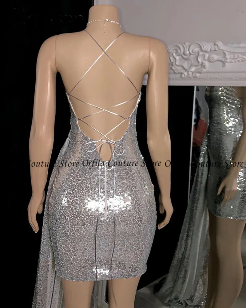 Silver Sparkly Sequined ชุดราตรี Backless เซ็กซี่แอฟริกันสีดำหญิงสั้นชุด2021ยาวรถไฟ