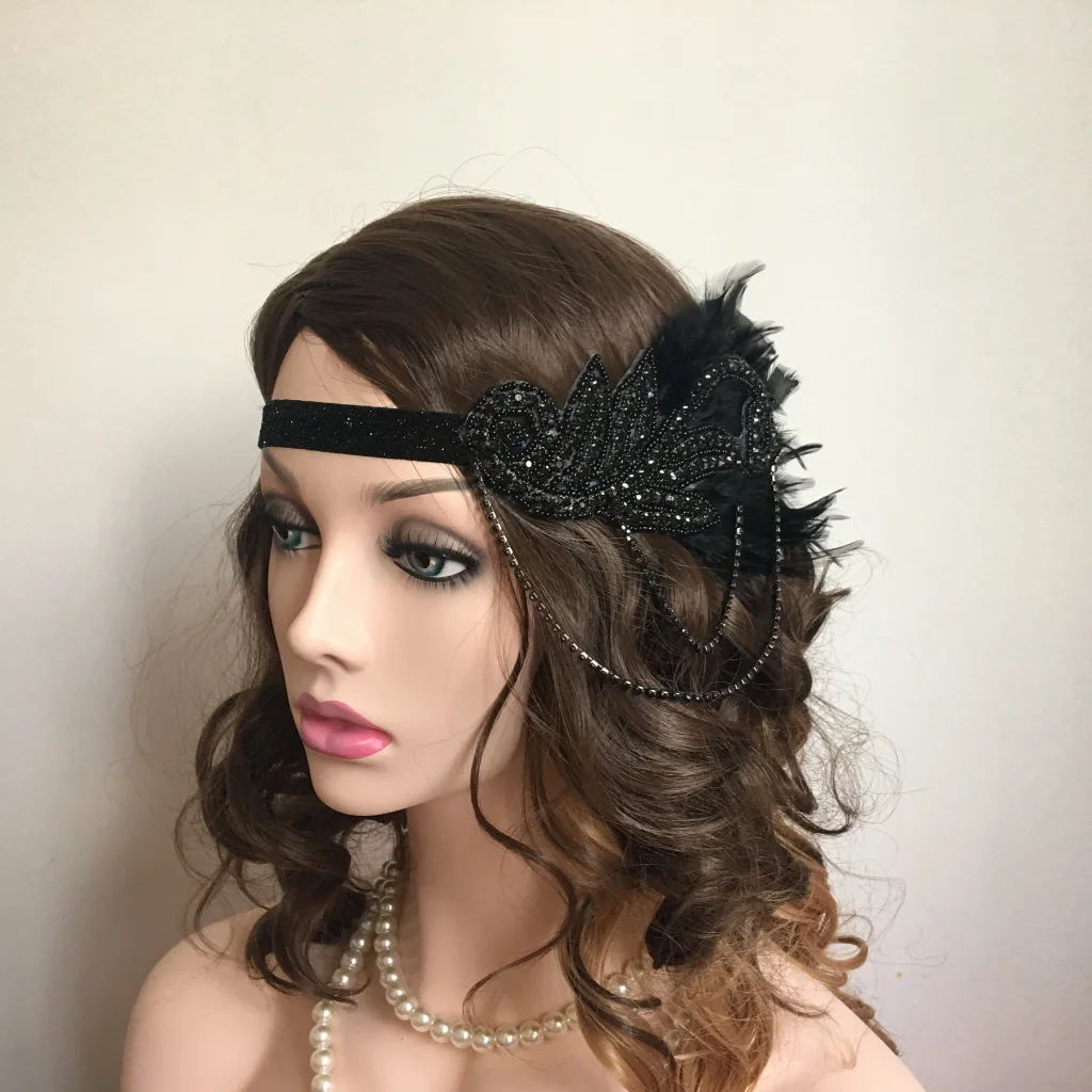 Feather Headband Vintage Elastic Feather Rhinestone Chain Forehead Decorations Gatsby Party Charleston Party Feather Headwear