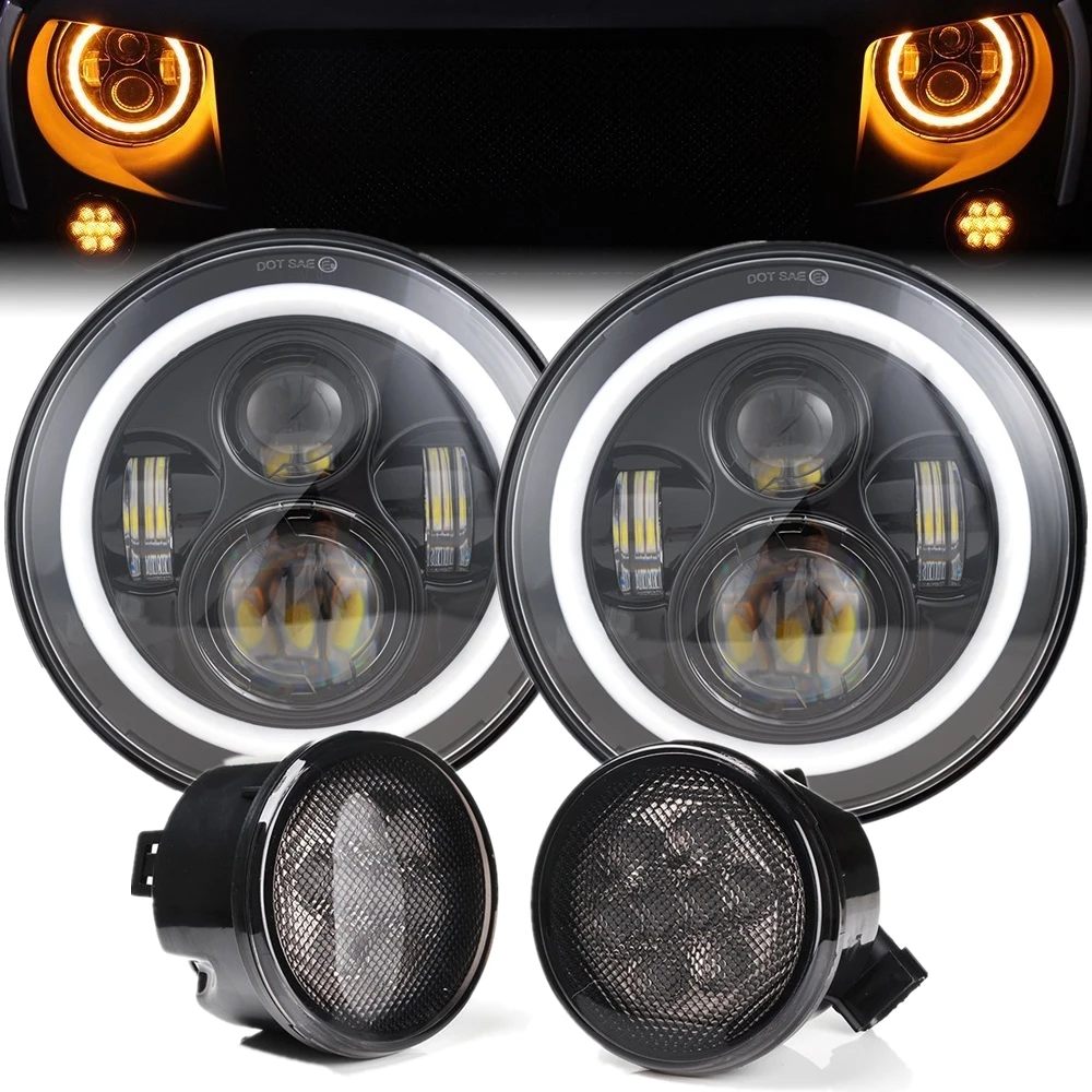 For Jeep Wrangler JK Car Accessories 7inch Led Headlight 4Inch Fog Light White Amber Halo Ring With Turn Signal Lights Set 6pcs