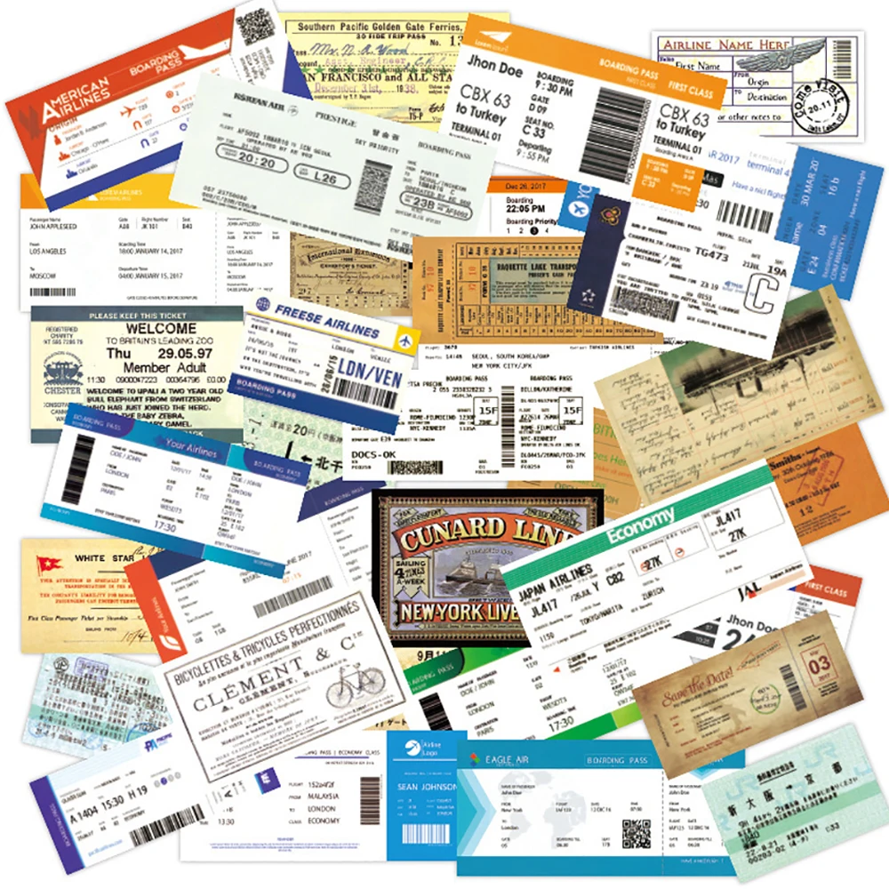 10/30/55PCS Airline Boarding Ticket Stickers Waterproof Skateboard Fridge Laptop Motorcycle Travel Luggage Classic Toy Sticker