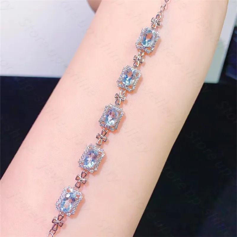 

Summer new style 925 silver inlaid natural aquamarine bracelet, women's bracelet, fine inlaid, luxurious and bright