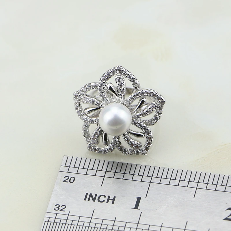 Flower 925 Sterling Silver White Pearl Cubic Zirconia Jewelry Set For Women Wedding Earrings/Ring/Pendant/Necklace