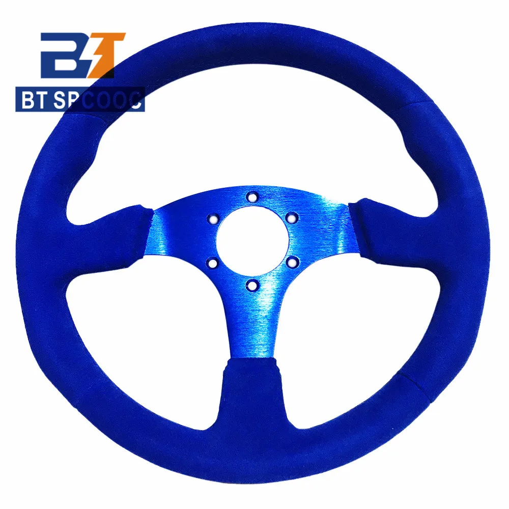 SPCOOC Universal Car Modified Sport Flat Steering Wheel Racing 14 Inch 350MM Suede Steering Wheel Blue With OM* Logo