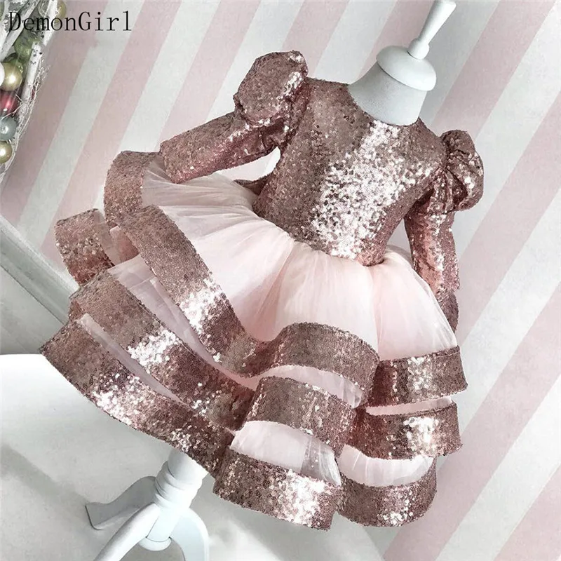 Vestido de princesa con lentejuelas brillantes, manga larga, para cumpleaños de niñas, brillante, con lazo para fotografía