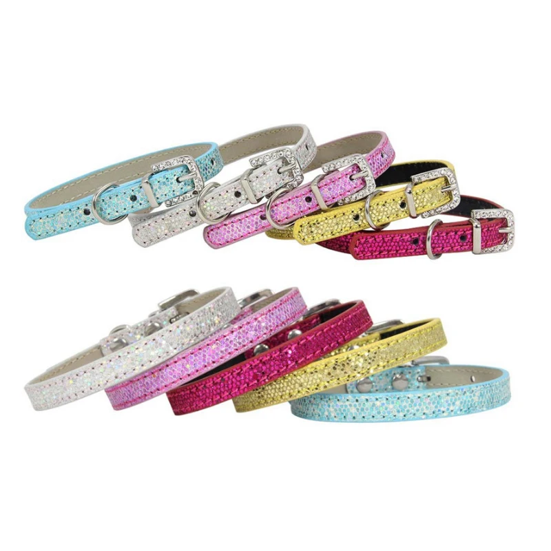 PU Shining Diamond Rhinestone Cat Collar Leather Puppy Dog Collars Cute Fashion Dog Collar Strap Kitten Accessories Pet Products