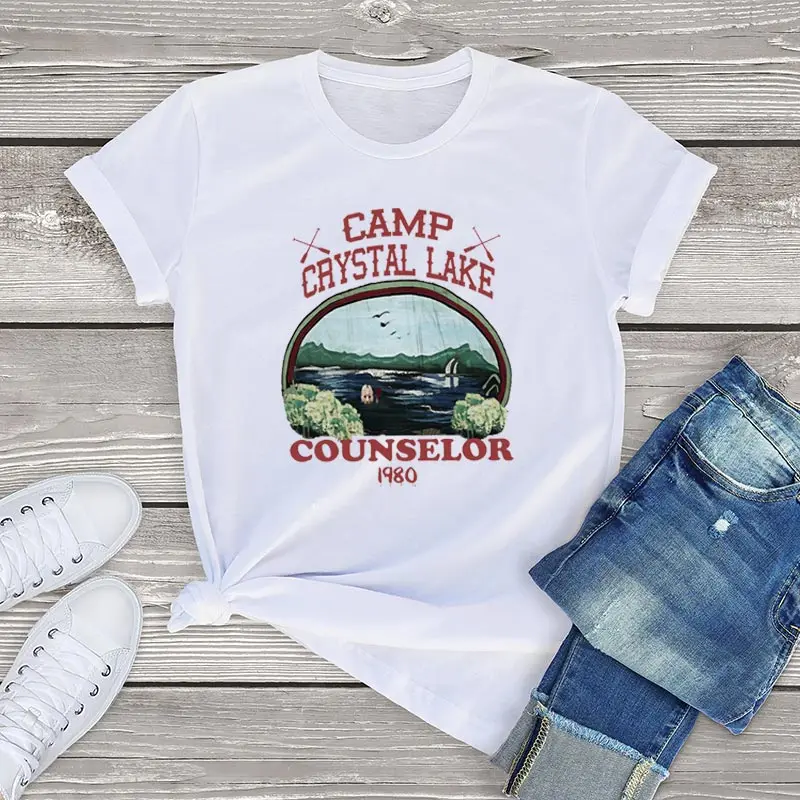 Camp Crystal Lake Counselor camiseta Vintage ropa de mujer algodón Unisex pantalones cortos de terror manga camisetas gráficas señoras de gran tamaño