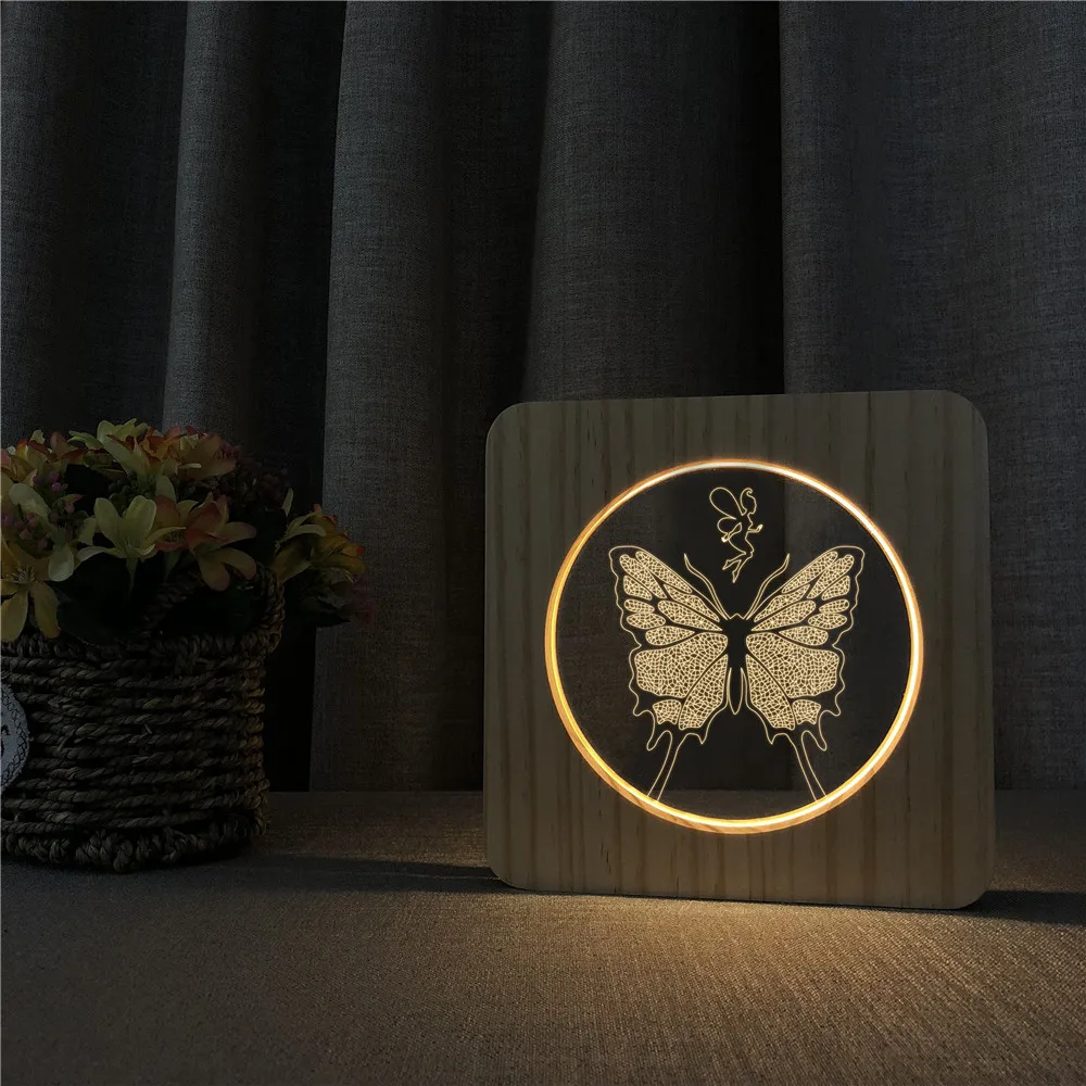 Butterfly Elfs Shape Wooden 3D LED Arylic Night Lamp Table Light Switch Control Carving Lamp for Children's Birthday Gift