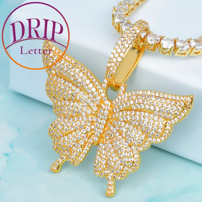 Drip Letter Butterfly Pendant Charms Gold Color Cubic Zircon Necklace for Men Hip Hop Animal Cuban Chain Fashion Jewelry