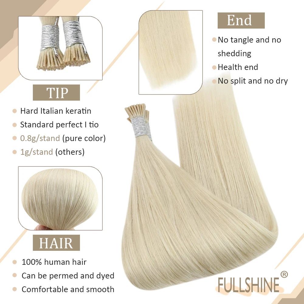 Extensiones de cabello humano Full Shine I Tip para mujer, cabello humano Remy preadherido de queratina, cabello liso suave, 50 gramos