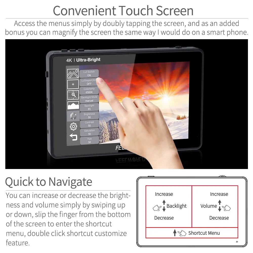 FEELWORLD LUT7 7 Inch Camera Field Monitor 2200nits Touch Screen 3D LUT 4K HDMI Monitor with Waveform VectorScope Histogram Mode