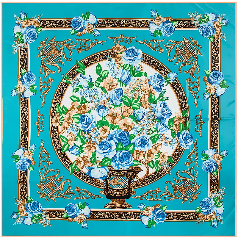 

130CM Foulard femme soie de marque luxe bohemian Neck Gaiter ShawlTwill imitation silk peony flowers Ladies twill square scarf