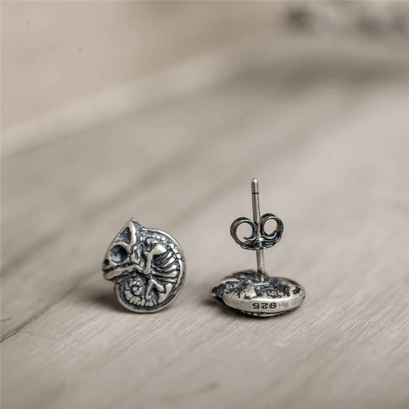 MKENjazz-Boucles d'oreilles à tige tête de mort caméléon rétro pour hommes et femmes, bijoux gothiques foncés créatifs, argent regardé 100%, 925