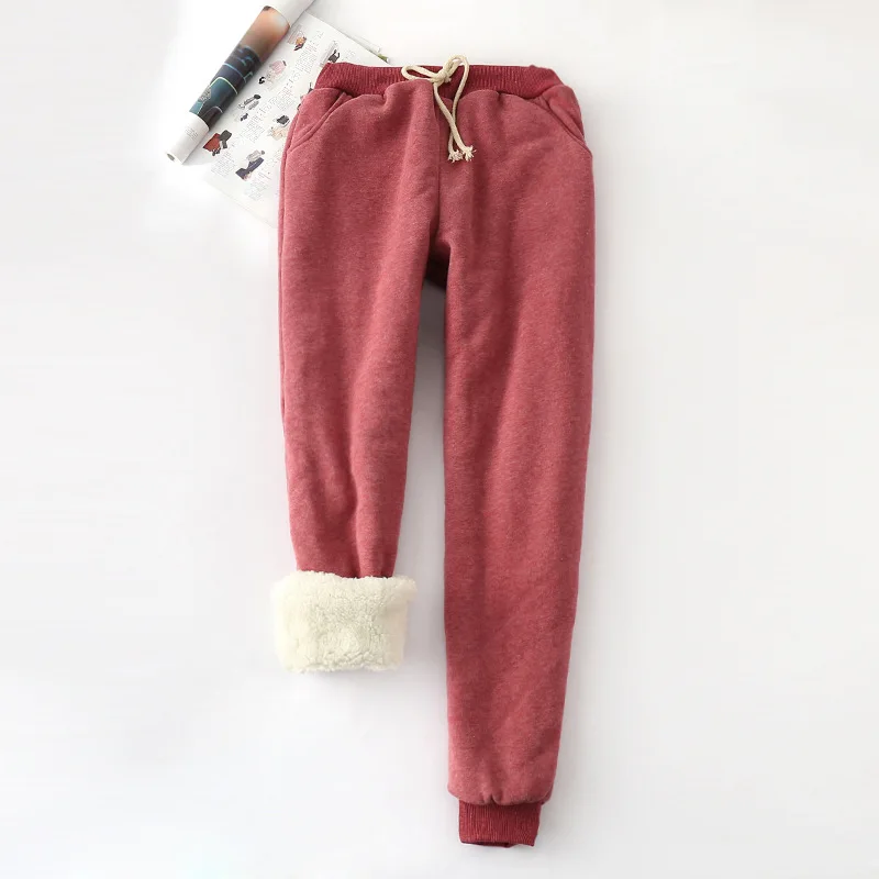 Winter Lambskin Thicker Elastic Waist Pants Loose  Solid Color Cotton Harem Pants Women Casual Warm Trousers