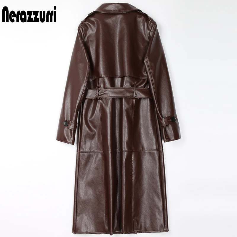 Nerazzurri Spring Brown Long black faux leather trench coat for women long sleeve belt Double breasted womens fall fashion 7xl