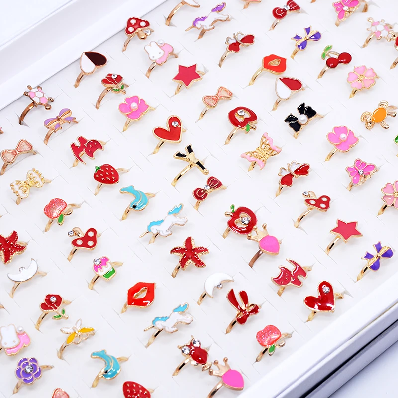 

100pcs Children ring Mixed Flower Animal Diamante Mix Styles Colorful Crystal Adjustable Rings Baby Kids Girls Party Gifts