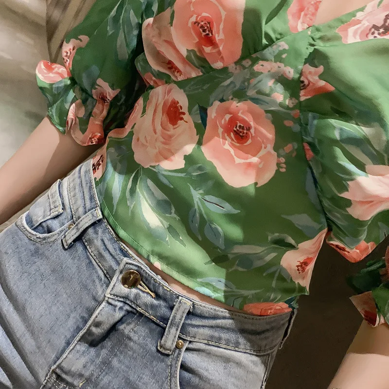 Блузка женская шифоновая с V-образным вырезом, элегантный бандажный топ с принтом и пышными рукавами, Офисная рубашка, повседневный короткий топ, лето 2020