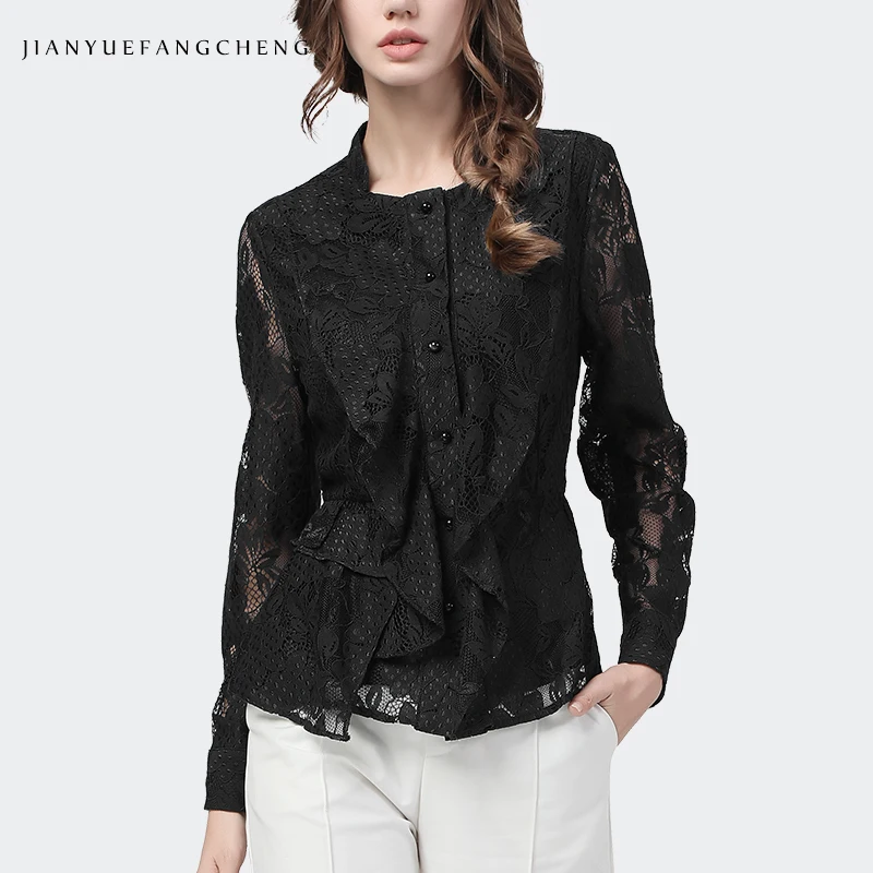 Mode Vierkante Hals Lace Top Vrouwen Lange Mouw Dunne Taille Uitloper Hollow Out Bloemen Blouse 2020 Herfst Winter Nieuwe Koreaanse shirt