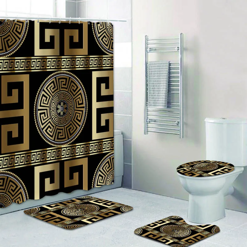 Luxury 3D Gold Greek Key Meander Ornament Shower Curtain Set for Bathroom Modern Rich Abstract Geometric Mat Toilet Accessories