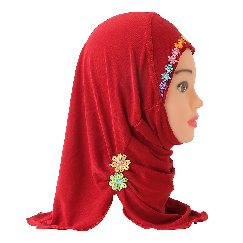 H041 beautiful small girl amira hijab with handmade flowers fit 2-6 years old kids pull on islamic scarf head wrap