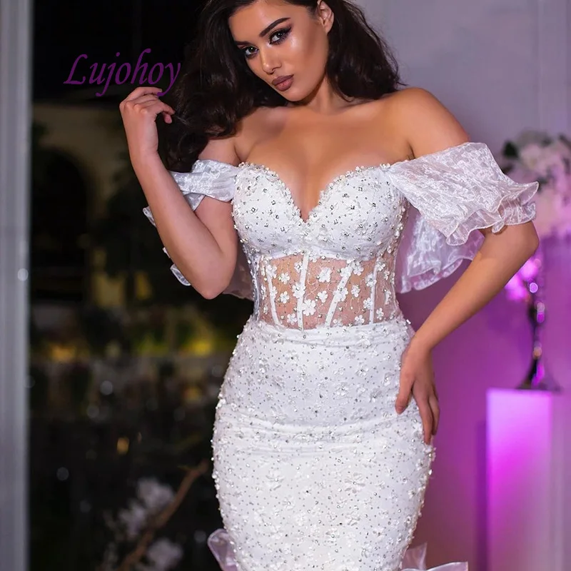 Sexy Luxury Wedding Dresses Mermaid Plus Size Sexy White Ivory Off Shouder Crystal Flower Women Girl Bridal Bride Gown