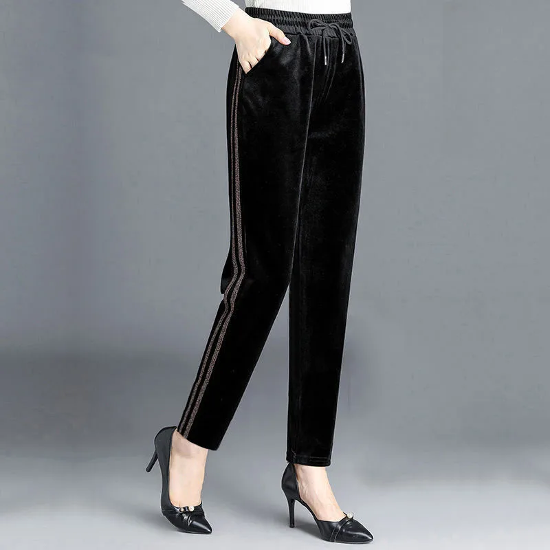 Middle-aged Elderly Mother Gold Velvet Pants Autumn Winter Elastic Casual Straight Pants Women High Waist Sport Strousers W2272