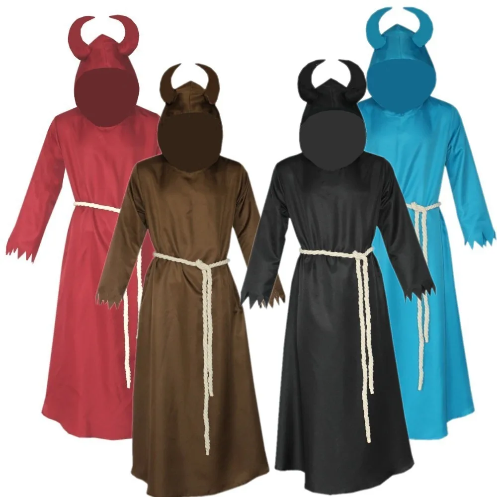 

The Medieval Times Cloak Man Death Devil Cos Ox Horn Long Sleeves Floor Length Dress Monks and Priests Halloween Cosplay Costume