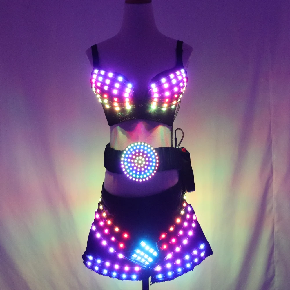 Full Color Led Luminous Light Party Skirt Sexy Girl Led Light Up Costumes With Led Belt Ballroom Dance Outfit DJ DS Bra Suit