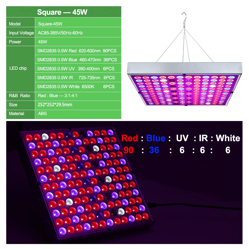 Oświetlenie LED do uprawy 2835 Chip Full Spectrum lampa fito Panel AC85-265V 25W 45W lampy do uprawy roślin na namiot do domowej uprawy roślin Veg and Bloom