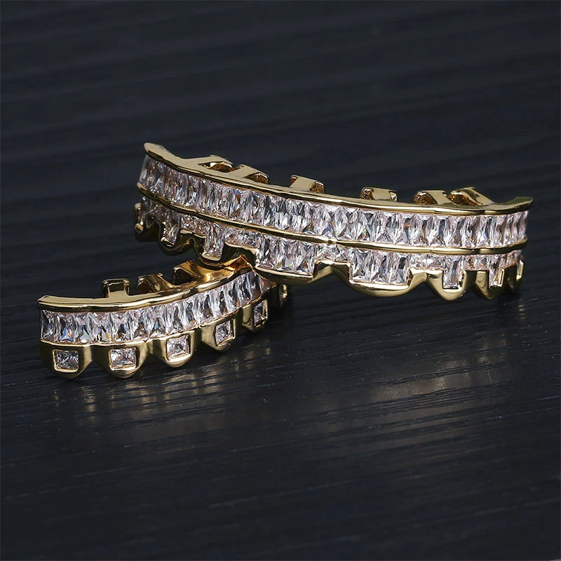 

AZ New Iced Out Grillz Teeth Square Zircon Stone Grills Tooth Jewelry For Men Women Rapper Top Bottom Caps Goth Fashion Jewelry