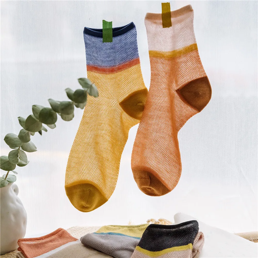 Chaussettes en coton colorées pour femmes, maille respirante, confortable à rayures, collection printemps et été, 5 paires/lot