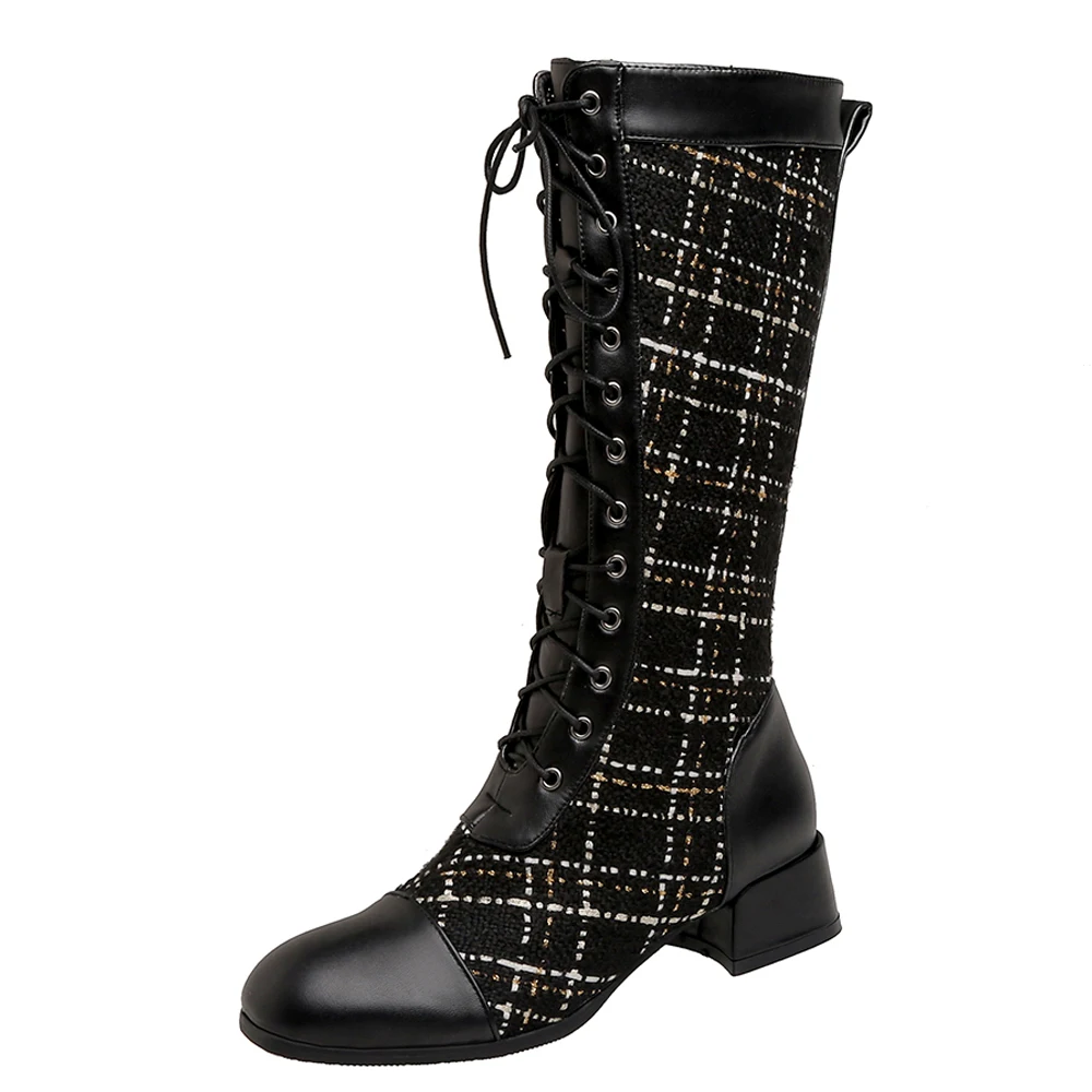 Plush Thick High-Heeled Cross-Lace Knight Boots Checkerboard Woven Tweed Lattice Imported Pattern Stitching PU Knee Boots