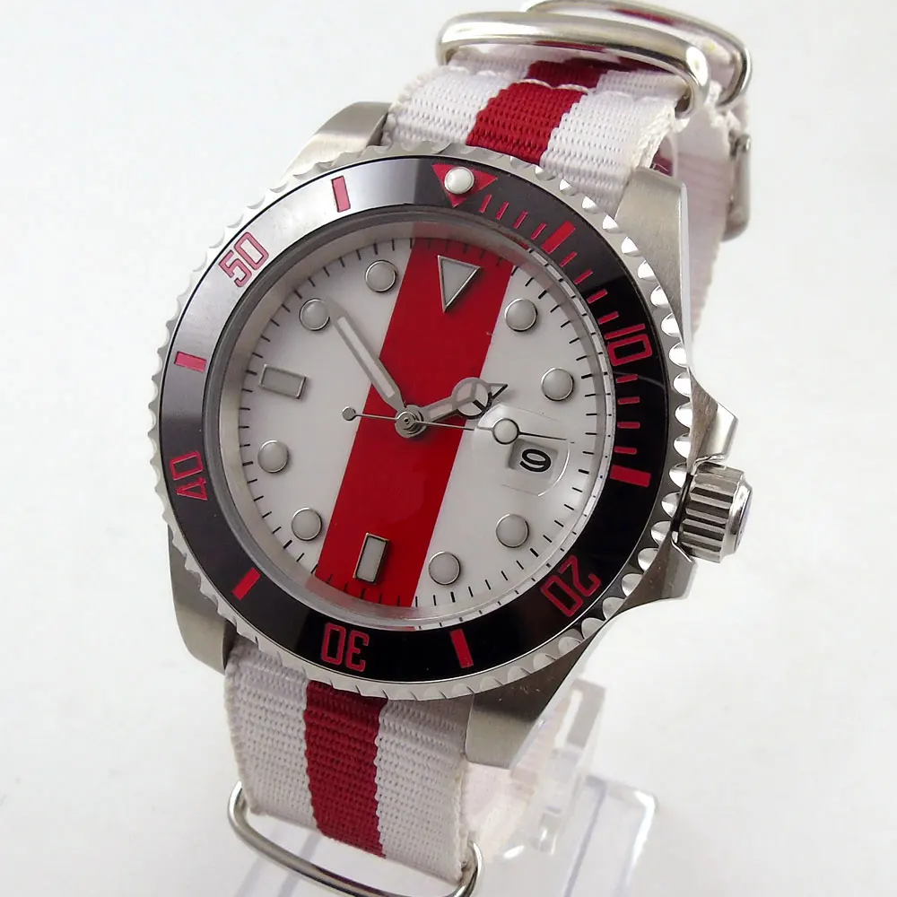 

40MM white Red Dial Sapphire Glass Ceramic Bezel Seeing Case Back Date MIYOTA 8215 Automatic Men's Wristwatch