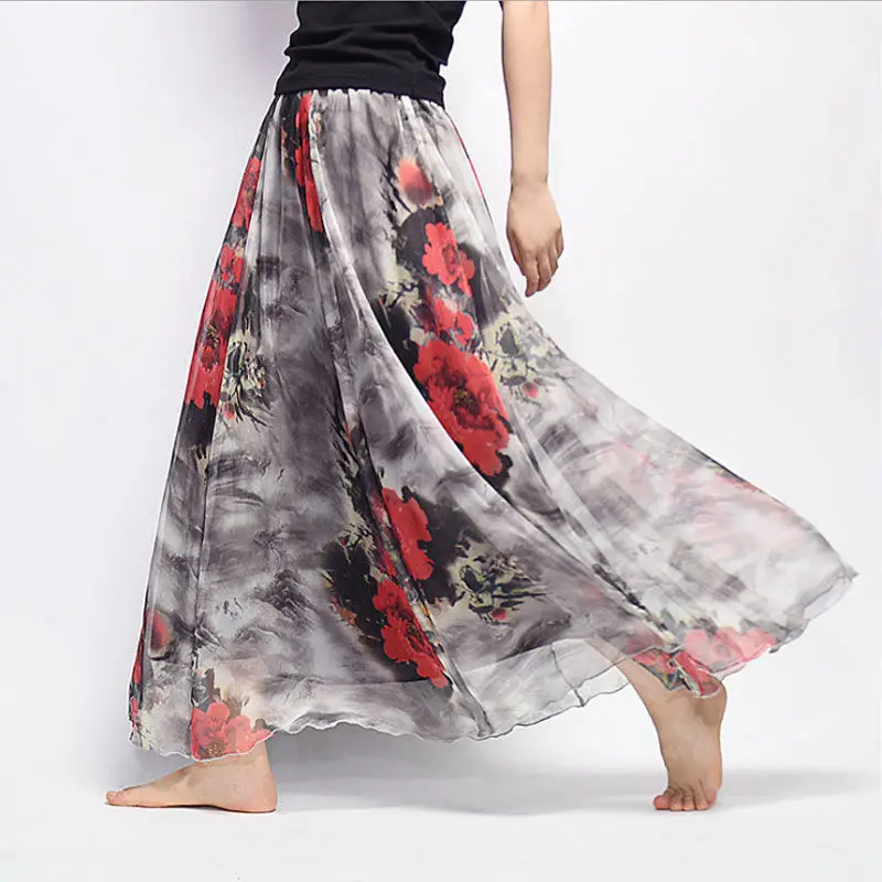 Women\'s Multicolor Floral Long Skirts, Elastic Waist, Printed Skirt, Mid-length, Elegant Pleated, Summer, New, 2021