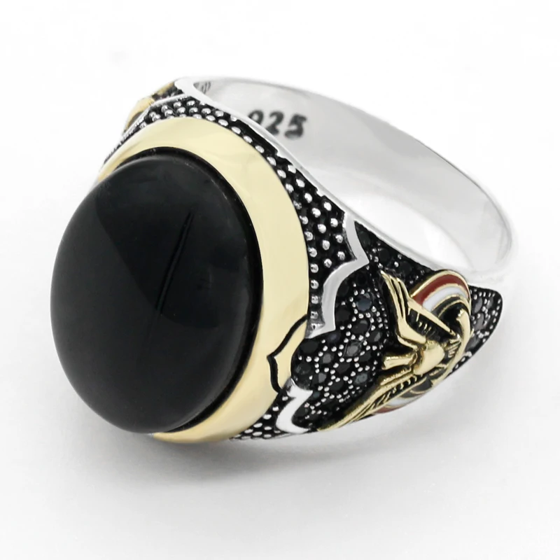 925 Sterling Silver for Men Ring with Oval Black Natural Onyx Stone Ring Peace Symbol for Male Thai Silver Turkish Jewelry