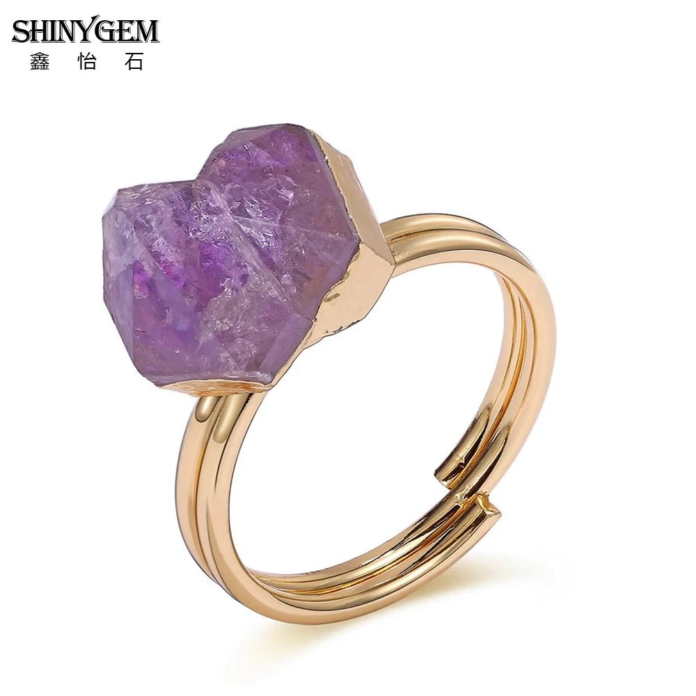 

ShinyGem Irregular Amethysts Rings Gold Plating Double Loop Adjustable Natural Mineral Geode Purple Crystal Stone For Women
