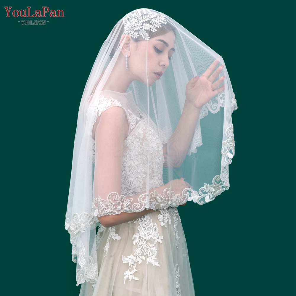 YouLaPan V60 Wedding Veil Sparkle with Lace Veii 1 Tier Bride Headband Veil Luxury Bridal Veils Cover Front and Back Vintage