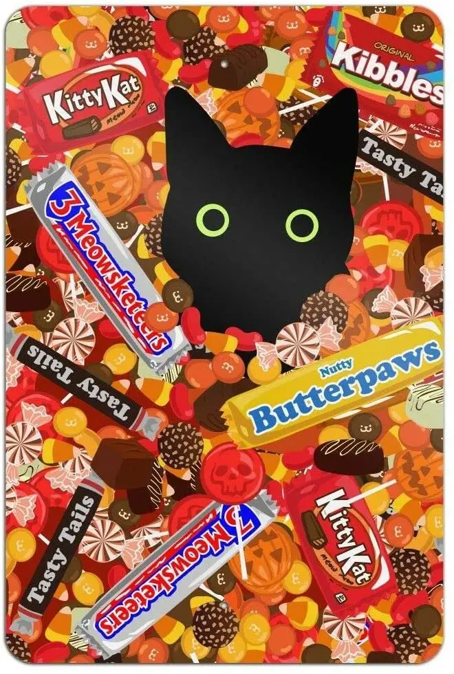 SIGNCHAT Halloween Black Cat Hiding in Candy Home Business Office Sign Christmas Halloween Props Metal Sign 8x12 inch