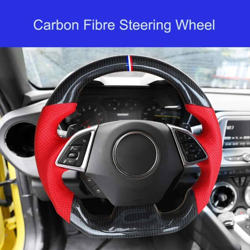 QHCP Carbon Fiber Steering Wheel Customized Steering Wheel Leather Suede Replacement Special For Chevrolet Camaro 2016 2017 2018