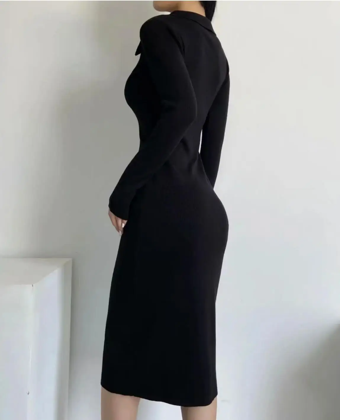 2021 Women Sexy Lapel Single-Breasted Buttons Bodycon Dresses Midi Slit Long Sleeve Sweater Dress Package Hips Slim Robe Vestido