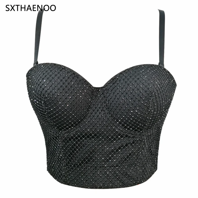 SXTHAENOO New Fashion High Street Chest Padded Vest Beading Rhinestone Sexy Sleeveless Bustier Crop Tops Women Party Clothings