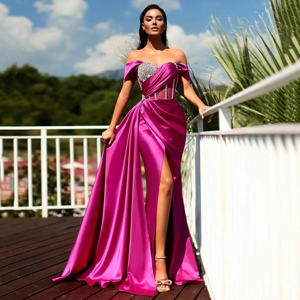 Fuchsia Prom Dresses Mermaid Sweetheart Off The Shoulder Criss-Cross Beaded Long Prom Gown Evening Dresses Robe De Soiree