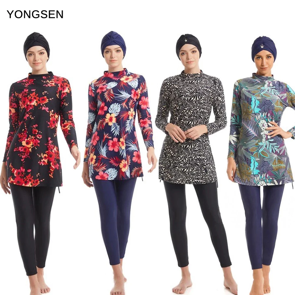 

YONGSEN Muslim Swimwear Women Modest Burkinis Patchwork Full Cover Long Sleeve Print Swimsuit Islamic Hijab Islam Wear Bathing