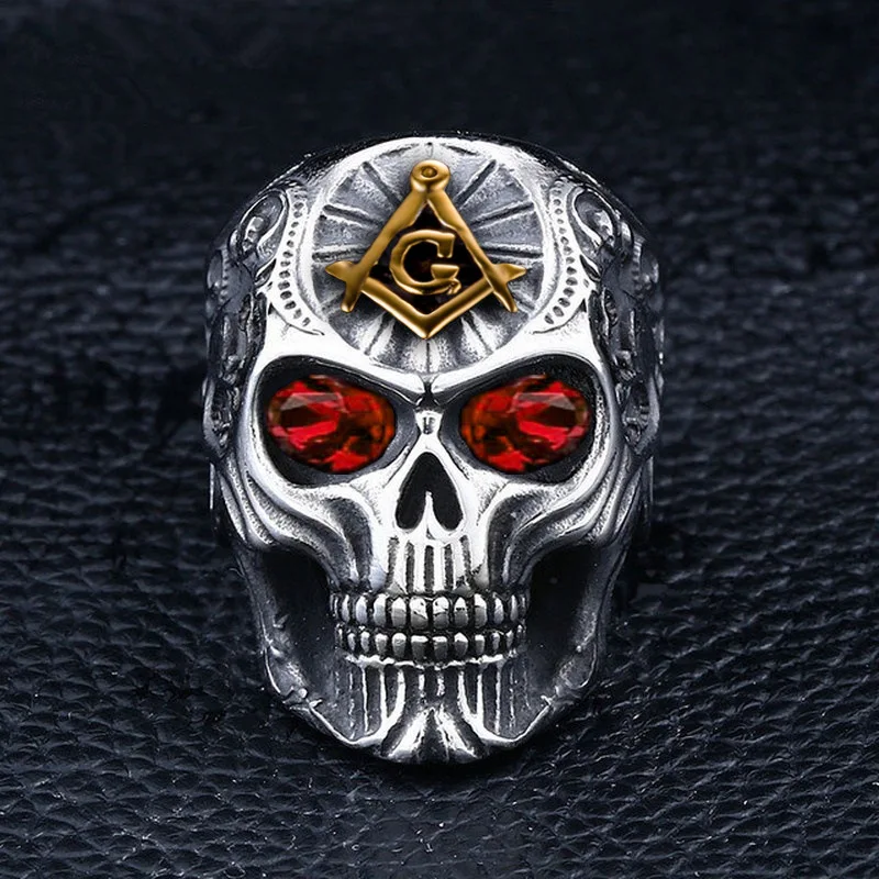 Vintage Stainless Steel Blue Crystal Eye Skull Masonic Rings Motorcycle Party Steampunk Hip Hop Cool Biker Rings for Men Jewelry