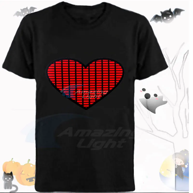 Glowing Gift  Party Light Up El Panel Sound Rhythm Activated Flashing  T-shirt Heart Design